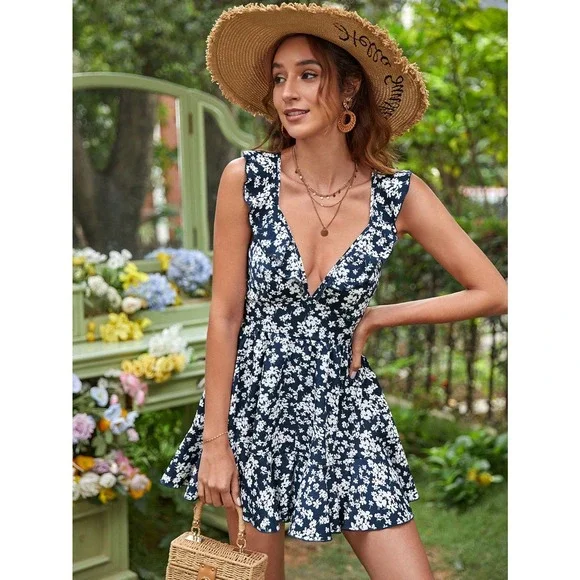 Boho Allover Floral Print Ruffle Trim Romper - Picture 8 of 12